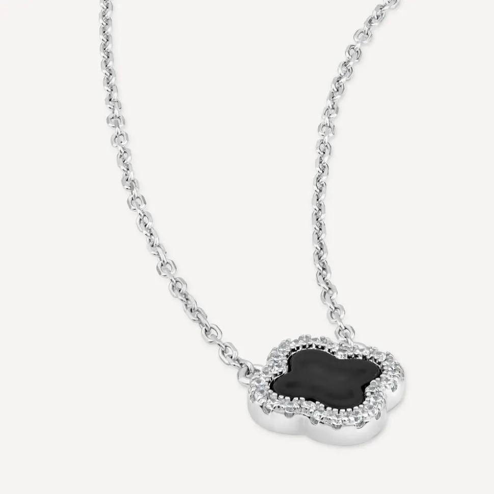 Sterling Silver Black Centre Cubic Zirconia Set Clover Petal Necklet