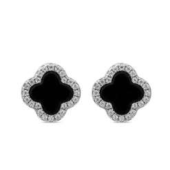 Sterling Silver Black Onyx & Cubic Zirconia Clover Petal Stud Earrings