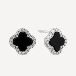 Sterling Silver Black Onyx & Cubic Zirconia Clover Petal Stud Earrings