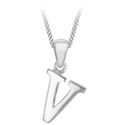 Sterling Silver Block Initial V Pendant (Chain Included)