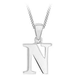 Sterling Silver Block Initial N Pendant (Chain Included)