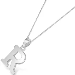 Sterling Silver Block Initial R Pendant (Chain Included)