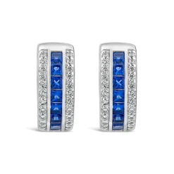 Sterling Silver Blue & White Cubic Zirconia Barrel Shaped Hoop Earrings