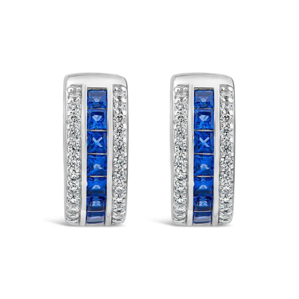 Sterling Silver Blue & White Cubic Zirconia Barrel Shaped Hoop Earrings