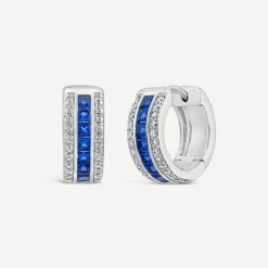 Sterling Silver Blue & White Cubic Zirconia Barrel Shaped Hoop Earrings