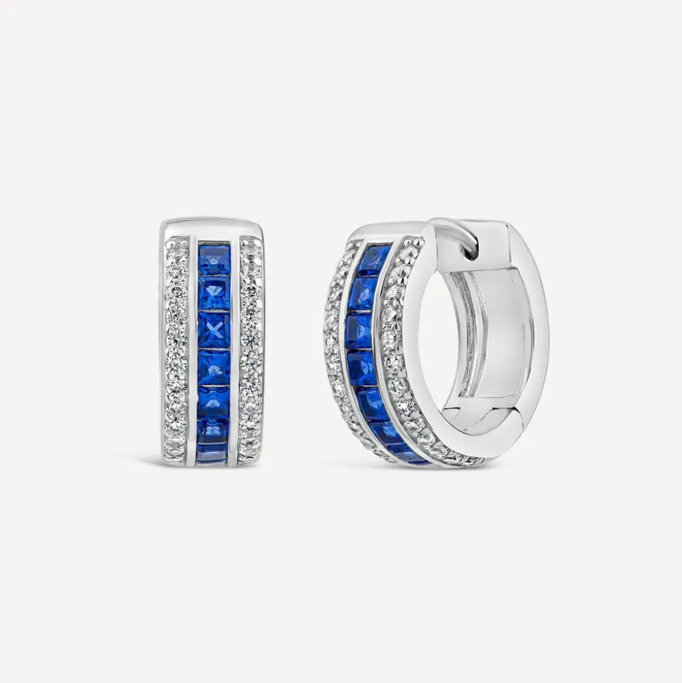 Sterling Silver Blue & White Cubic Zirconia Barrel Shaped Hoop Earrings