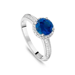 Sterling Silver Blue Centre Stone & Cubic Zirconia Shoulders Ring