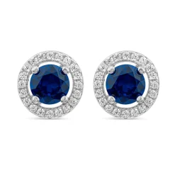 Sterling Silver Blue Centre Stone & Cubic Zirconia Halo Stud Earrings