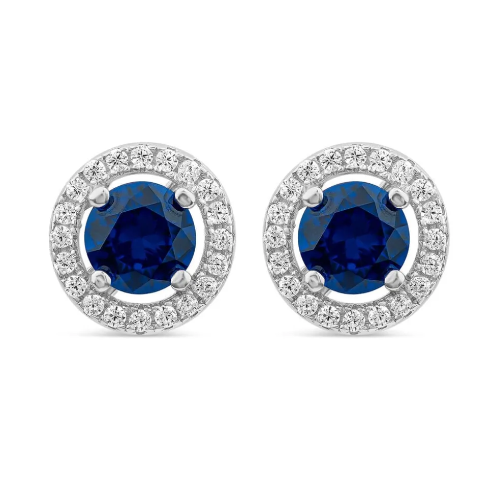 Sterling Silver Blue Centre Stone & Cubic Zirconia Halo Stud Earrings