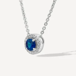 Sterling Silver Blue Centre Stone & Cubic Zirconia Halo Pendant