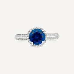Sterling Silver Blue Centre Stone & Cubic Zirconia Shoulders Ring