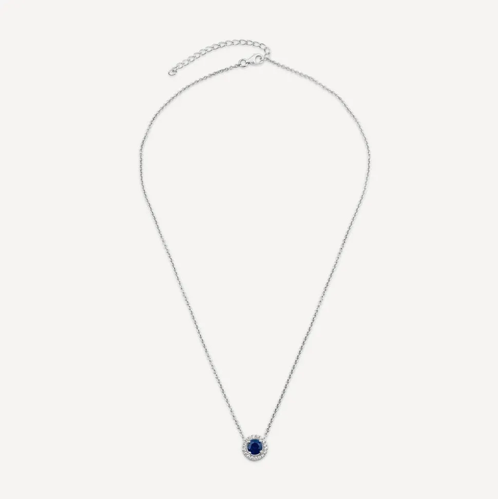 Sterling Silver Blue Centre Stone & Cubic Zirconia Halo Pendant