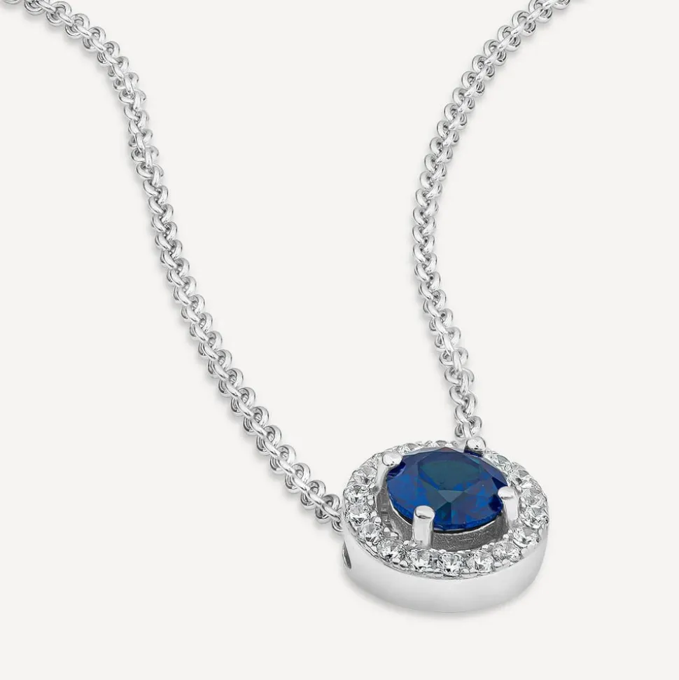 Sterling Silver Blue Centre Stone & Cubic Zirconia Halo Pendant