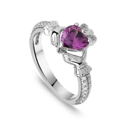 Sterling Silver Claddagh Birthstone February Cubic Zirconia Shoulder Set Ring