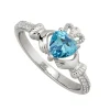 Sterling Silver Claddagh Birthstone March Cubic Zirconia Shoulder Set Ring