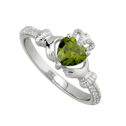 Sterling Silver Claddagh Birthstone August Cubic Zirconia Shoulder Set Ring