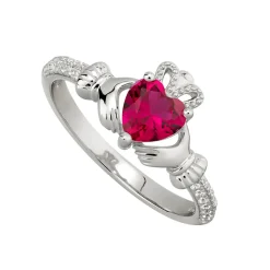 Sterling Silver Claddagh Birthstone July Cubic Zirconia Shoulder Set Ring