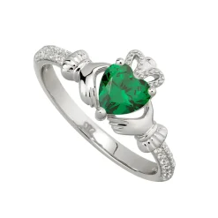 Sterling Silver Claddagh Birthstone May Cubic Zirconia Shoulder Set Ring