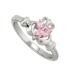 Sterling Silver Claddagh Birthstone October Cubic Zirconia Shoulder Set Ring