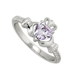 Sterling Silver Claddagh Birthstone June Cubic Zirconia Shoulder Set Ring