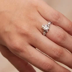 Sterling Silver Claddagh Birthstone April Cubic Zirconia Shoulder Set Ring