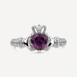 Sterling Silver Claddagh Birthstone February Cubic Zirconia Shoulder Set Ring