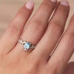 Sterling Silver Claddagh Birthstone March Cubic Zirconia Shoulder Set Ring