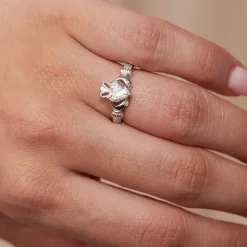 Sterling Silver Claddagh Birthstone April Cubic Zirconia Shoulder Set Ring