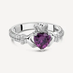 Sterling Silver Claddagh Birthstone February Cubic Zirconia Shoulder Set Ring