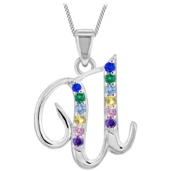 Sterling Silver Coloured Stone Set Initial U Pendant (Chain Included)