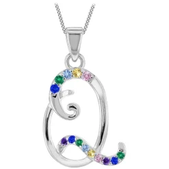Sterling Silver Coloured Stone Set Initial Q Pendant (Chain Included)
