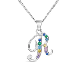 Sterling Silver Coloured Stone Set Initial R Pendant (Chain Included)