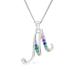 Sterling Silver Coloured Stone Set Initial M Pendant (Chain Included)