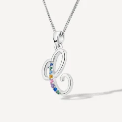 Sterling Silver Coloured Stone Set Initial C Pendant (Chain Included)