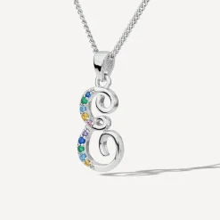 Sterling Silver Coloured Stone Set Initial E Pendant (Chain Included)