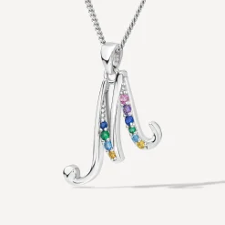 Sterling Silver Coloured Stone Set Initial M Pendant (Chain Included)
