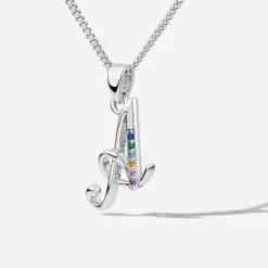 Sterling Silver Coloured Stone Set Initial A Pendant (Chain Included)