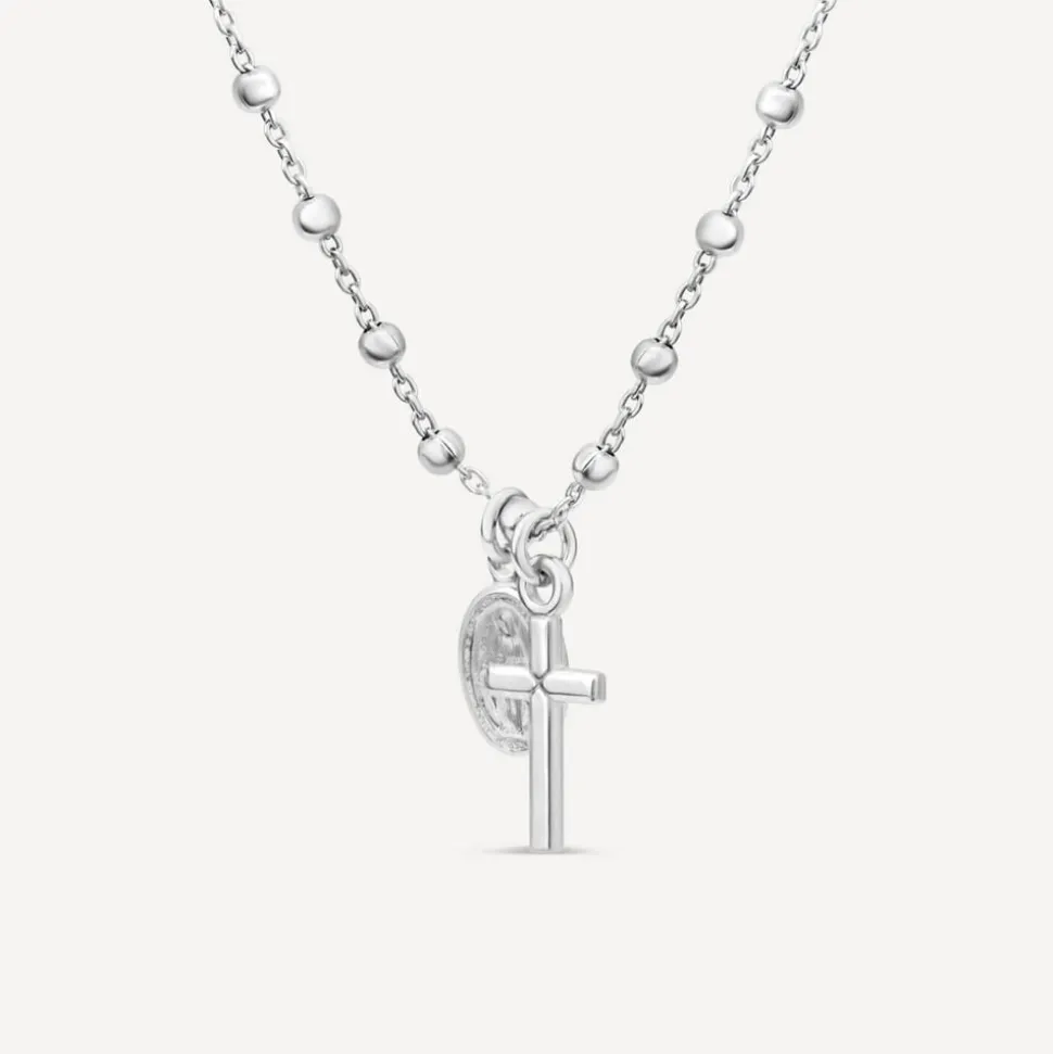 Sterling Silver Cross & Miraculous Medal Beaded Necklet