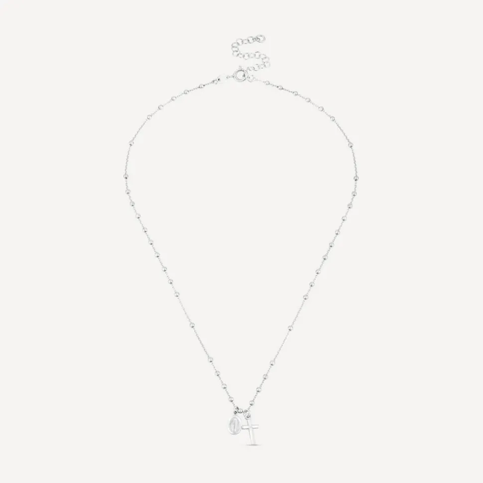 Sterling Silver Cross & Miraculous Medal Beaded Necklet