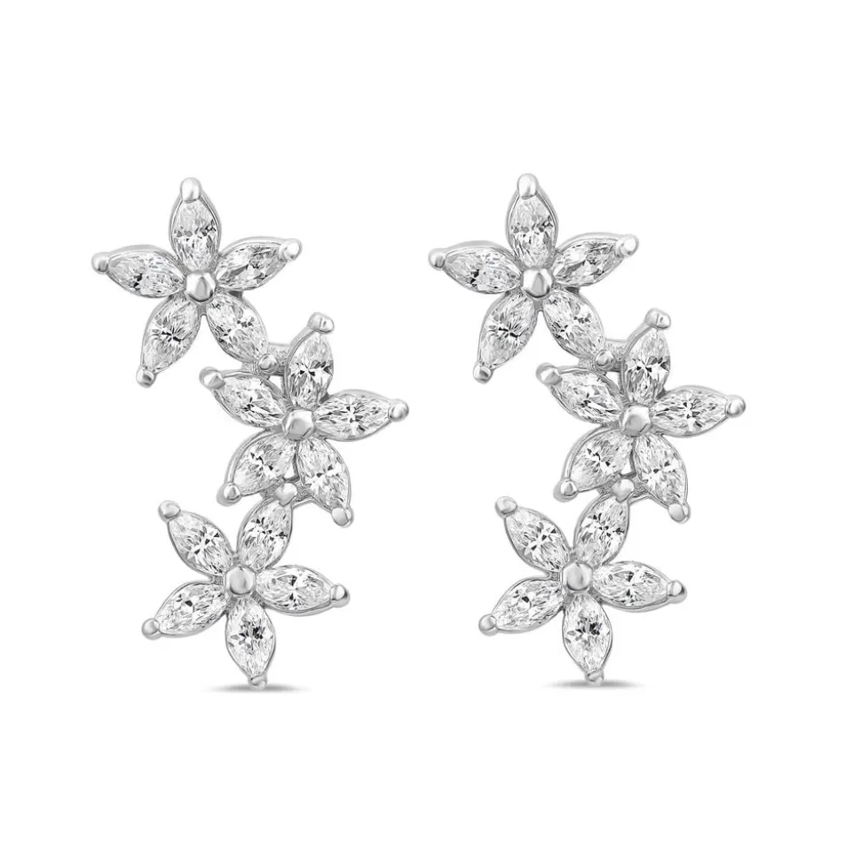Sterling Silver Cubic Zirconia Flower Climber Stud Earrings