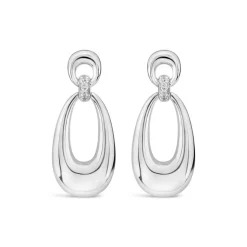 Sterling Silver Cubic Zirconia Set Open Polished Oval Drop Earrings