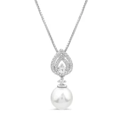 Sterling Silver Cubic Zirconia Double Halo Pear & Pearl Drop Pendant