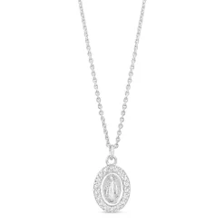Sterling Silver Cubic Zirconia Miraculous Medal Necklace (Chain Included)