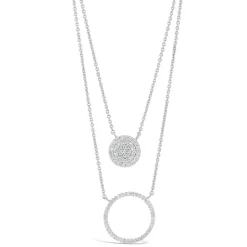 Sterling Silver Cubic Zirconia Circle Disc Double Chain Necklet