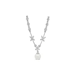 Sterling Silver Cubic Zirconia Flower and Cubic Zirconia Cluster Pearl Drop Necklet