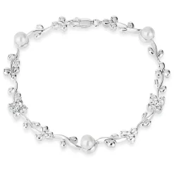 Sterling Silver Cubic Zirconia & Pearl Cluster Flower Bracelet