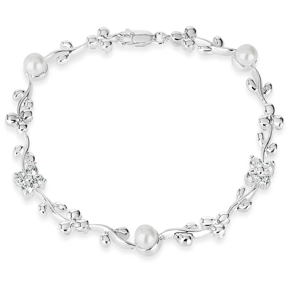 Sterling Silver Cubic Zirconia & Pearl Cluster Flower Bracelet