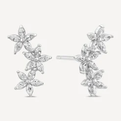 Sterling Silver Cubic Zirconia Flower Climber Stud Earrings