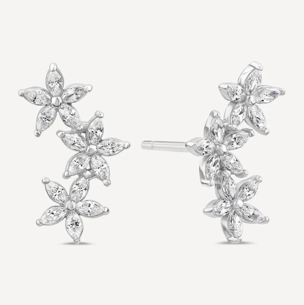 Sterling Silver Cubic Zirconia Flower Climber Stud Earrings