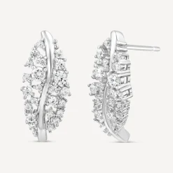 Sterling Silver Cubic Zirconia Set Leaf Stud Earrings